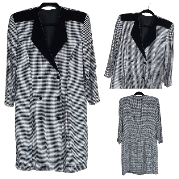 Vintage Dresses & Skirts - Vintage Black & White Houndstooth Print Double Breasted Blazer Dress